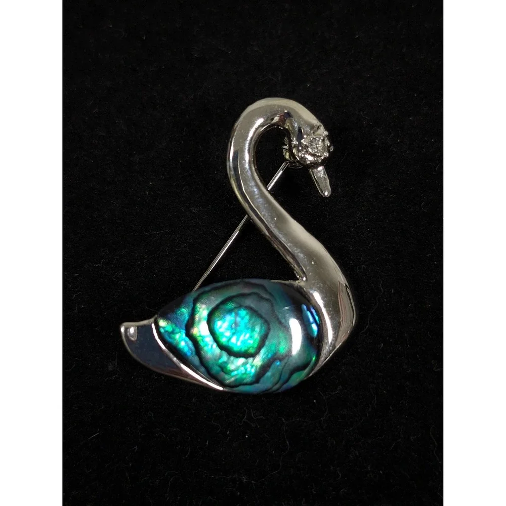 Retro Silver‎ Tone Swan Brooch Pin Faux Abalone Shell Bird Vintage Style